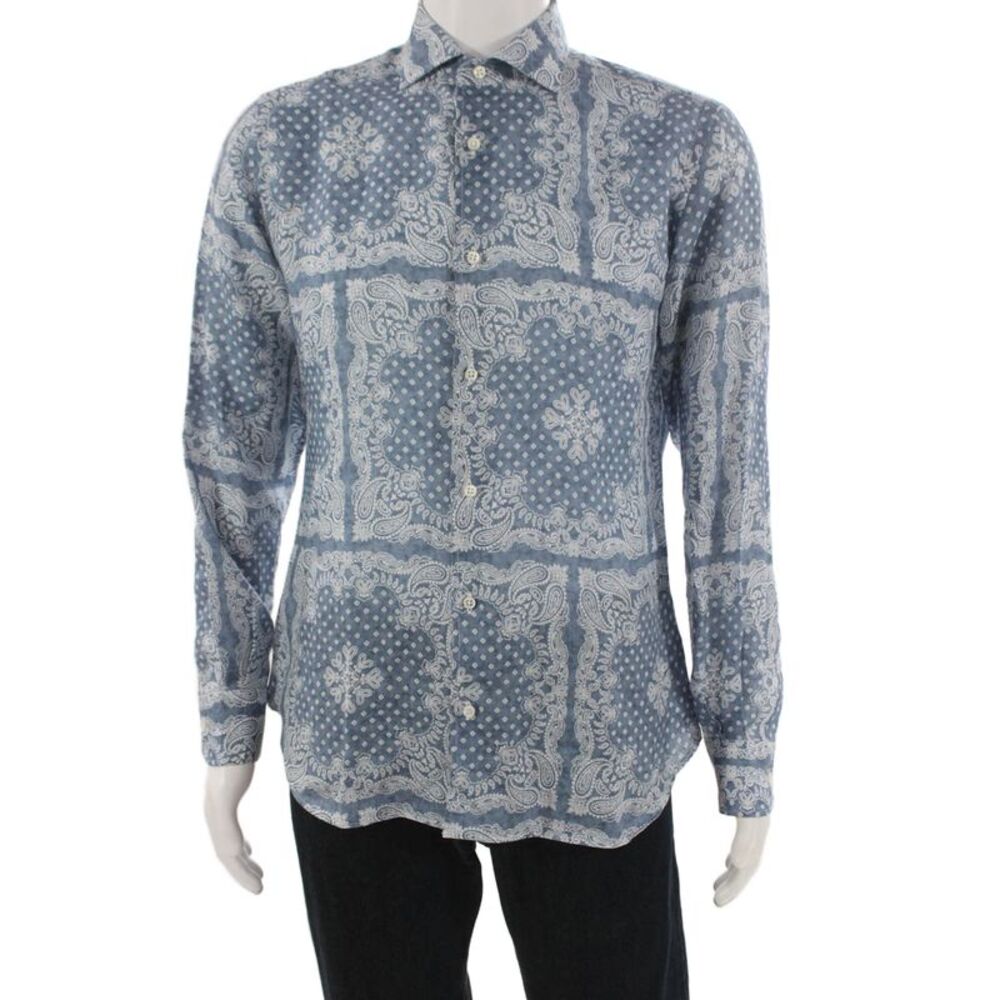 Fedeli Mens Linen Paisley Print Long Sleeve Button Down Shirt Blue Size 15.5
